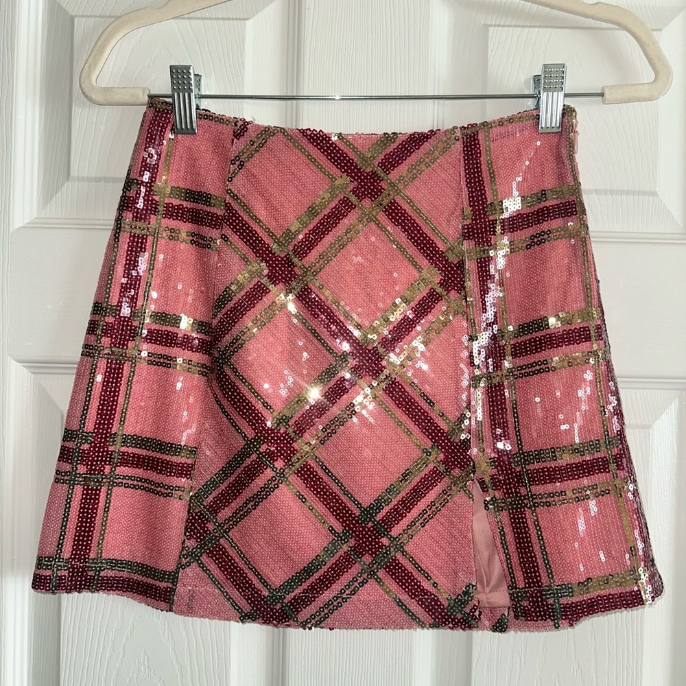 Urban Outfitters Pink Plaid Sequin Mini Skirt